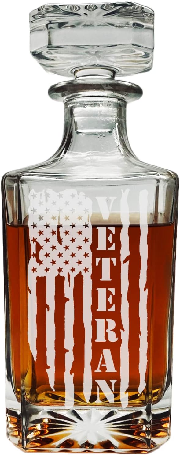 Rogue River Tactical Veteran American Tattered Flag USA Patriotic Whiskey Decanter With Glass Stopper Custom Gift For Men Dad Veteran Father's Day