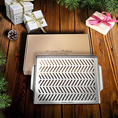 Extreme Salmon Bbq Grill Pan For Vegetables, Embossed Stainless Steel Grill Topper Pan With Handles Professional Grill Cookware Grill Accessories For Barbecue Grills Outdoor Cooking #TOP6