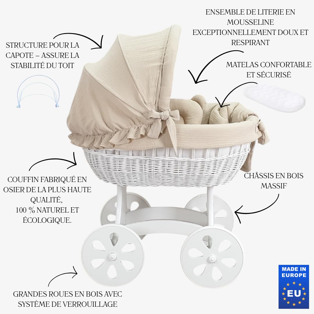 Wiklinopol Couffin Bébé avec Support en Bois et roulettes Annabell – Berceau en Osier avec Matelas et Linge 5 Pièces Mousseline Beige – Poussette de lit Blanc pour Nouveau-né