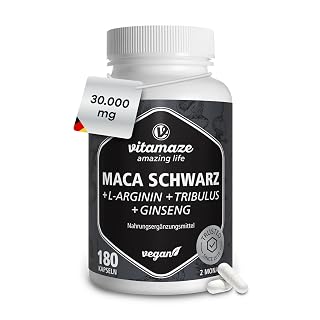 Vitamaze Maca Kapseln mit L-Arginin, Tribulus Terrestris, Ginseng, Zink & B-Vitamine, für Männer und Frauen, 180 vegane Kapseln, Made in Germany - Amazon product rated Grade A