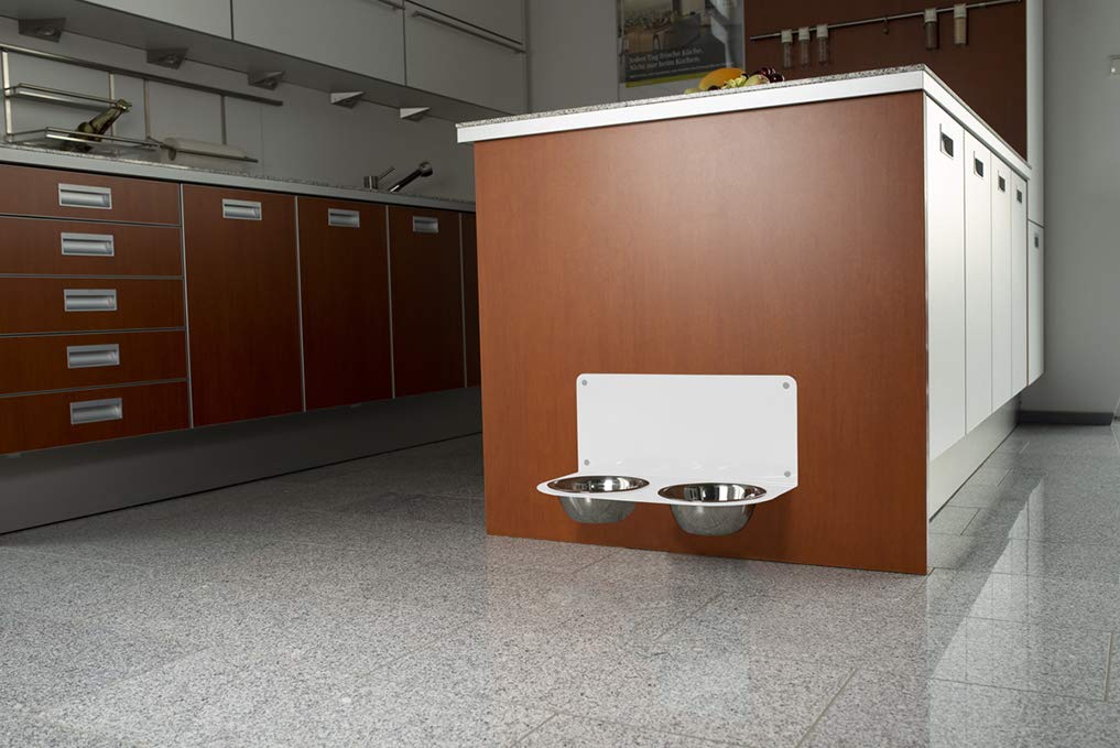 schmeck.bar Futterstation Futterbar erhöhter Futterspender kleine mittlere große schreckhafte Hunde mit Näpfen stabil hochwertig Wand (Weiss MATT, C: 600 x 228 x 306 mm - Napf 2X L)