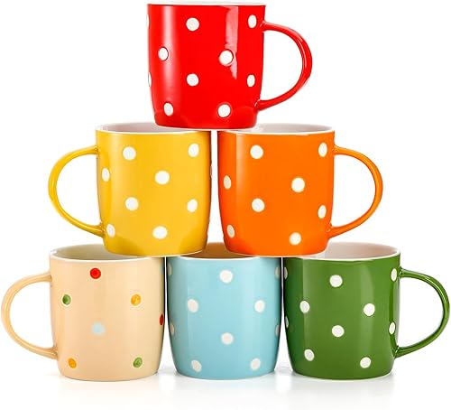 Elsjoy Paquete de 6 tazas de café de lunares, tazas de café de cerámica de 12 onzas, juego de tazas de porcelana colorida para café, té, leche,