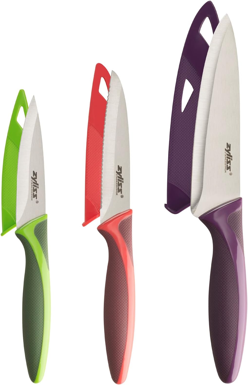 Zyliss 3 Piece Knife Set, Sharp Stainless Steel, Non Slip Soft Grip Handles, 3 x Professional Kitchen Knives with Protection Covers, Dishwasher Safe