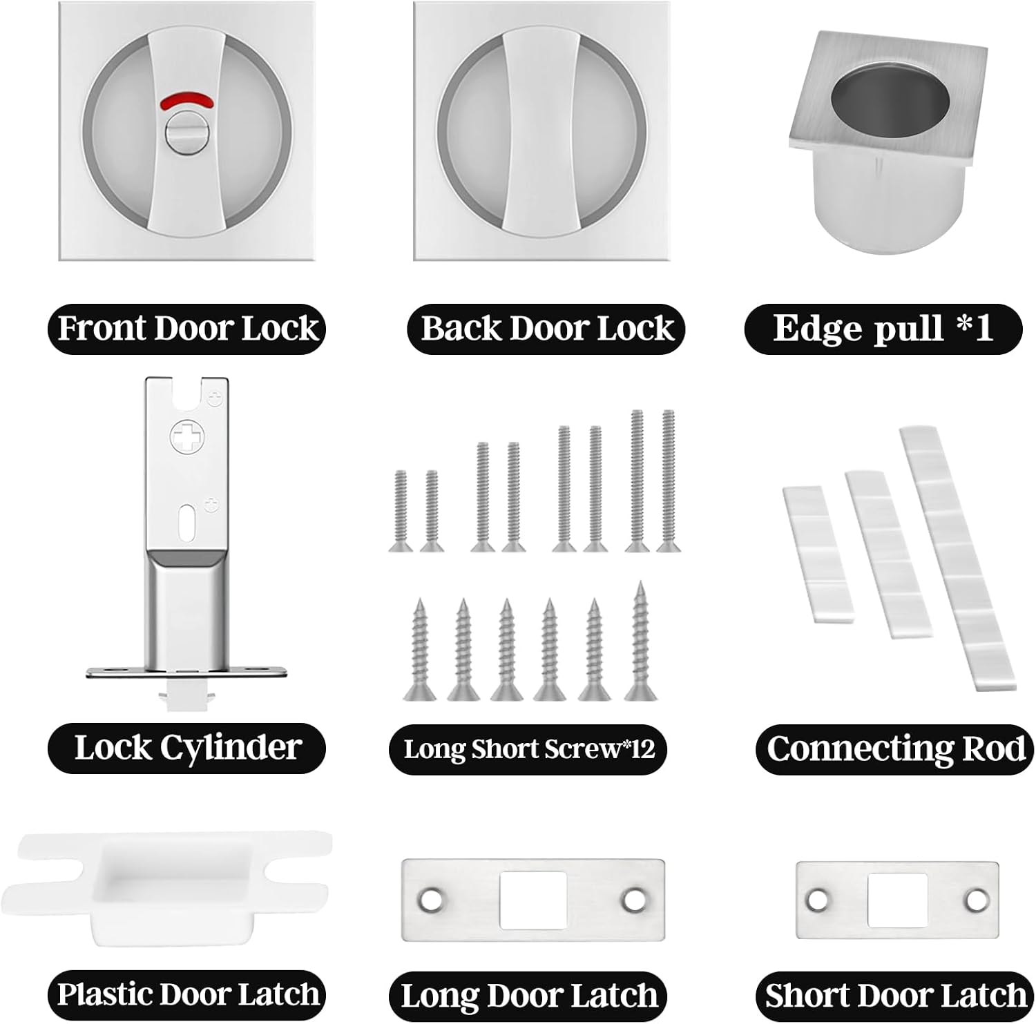 Sliver Pocket Door Lock with Edge Pull, Red-Green Indication Privacy Pocket Door Latch for Bed/Bath/Study Room, Recessed Mounting Flush with The Surface, Contemporary Pocket Door Hardware