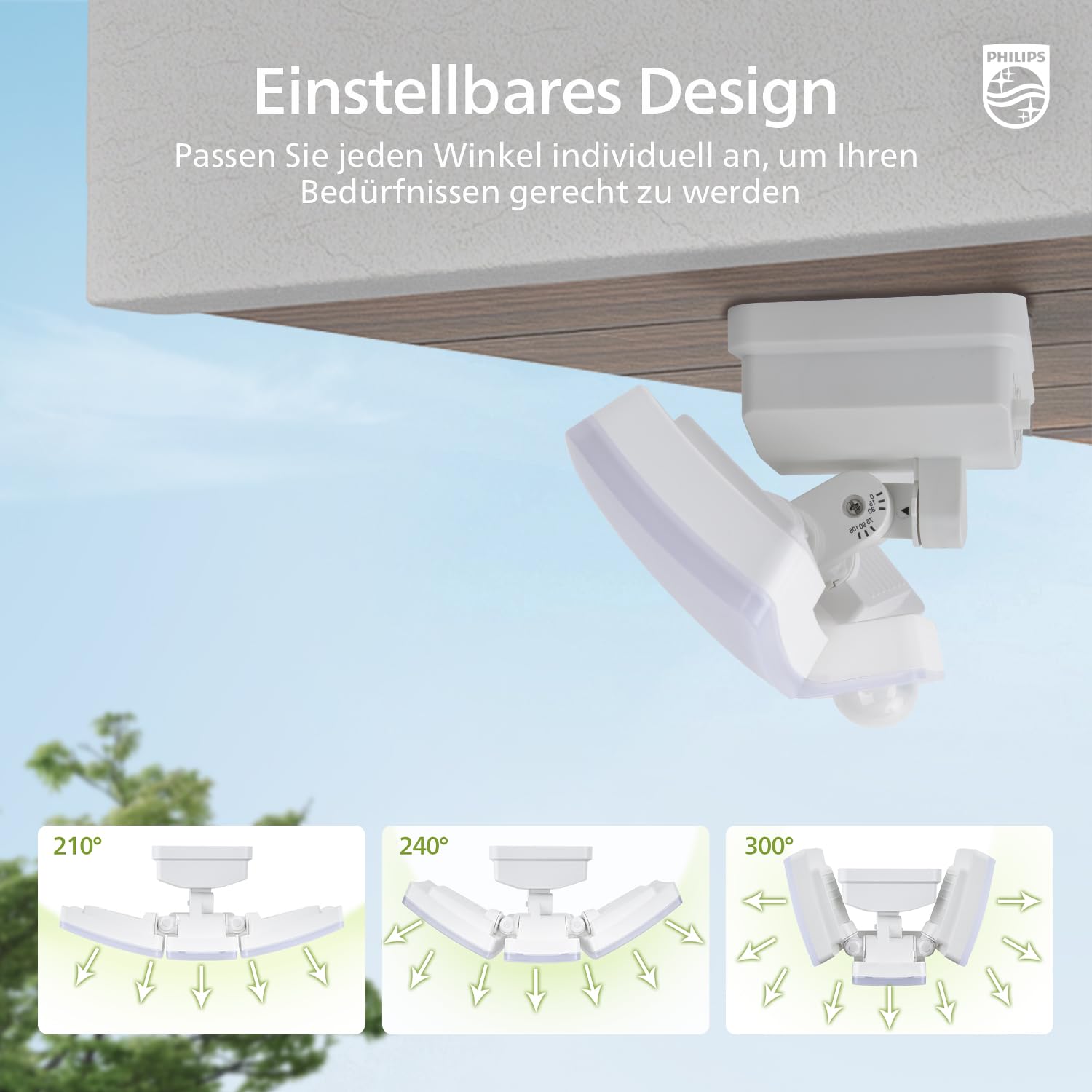 Philips 3600LM Solarlampen für Außen mit Bewegungsmelder, 5000K Wasserdichte Dimmbare LED, 3 Verstellbare Köpfe mit 5m Kabel, Separate Solarpanel mit 3 Modi Solar-Fluter für Hof, Garage