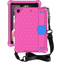 Protective Case for iPad 9th/8th/7th Generation 10.2-inch, 2021/2020/2019, Rugged Shockproof Silicone Protective Cover with Handle Stand and Shoulder Strap for iPad 10.2 - Rose Red+Blue