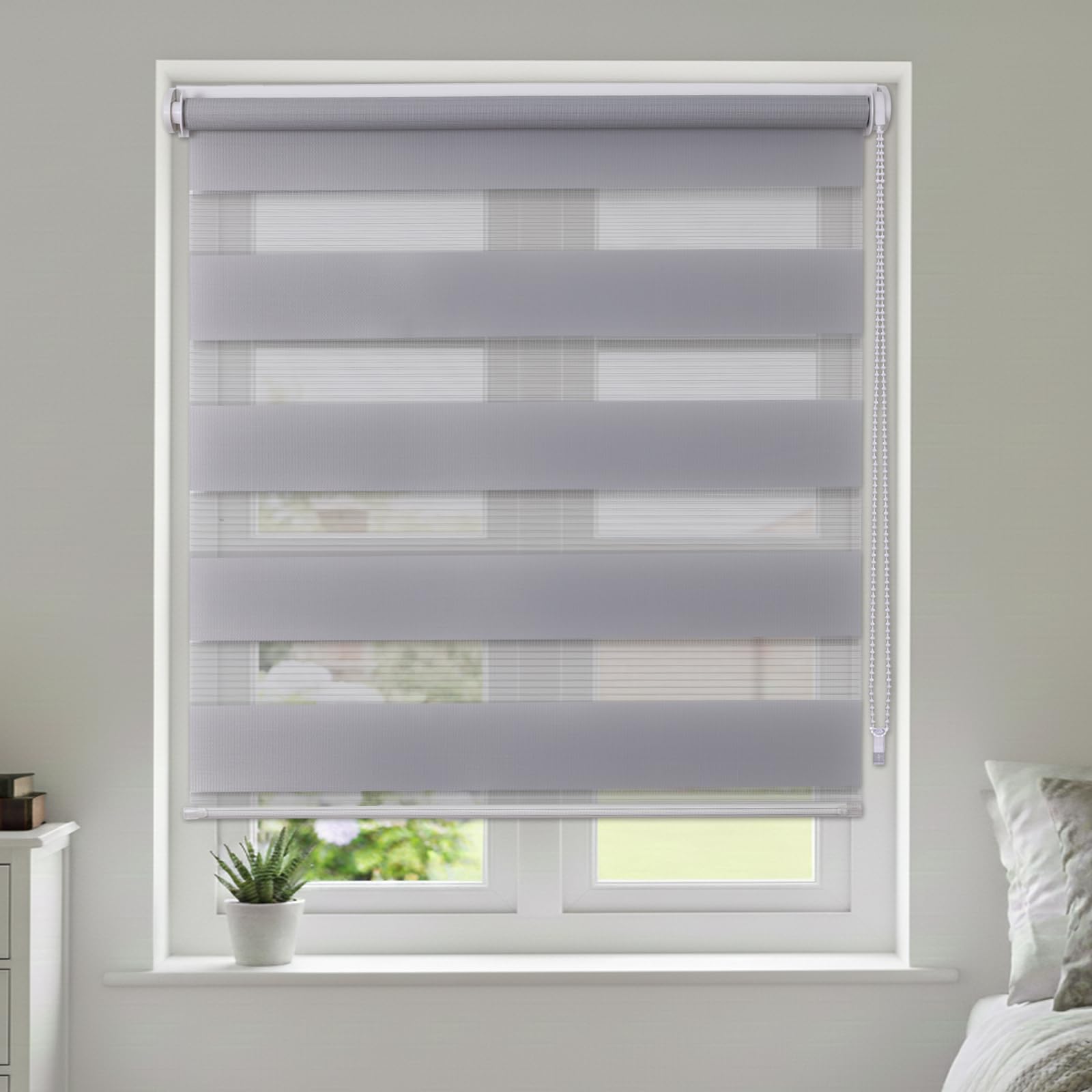 Maritown No Drill Day and Night Zebra Roller Blinds for Windows Double Layer Light Filtering Privacy and Blackout Blinds Stick on Easy Fit for Bedroom,Kitchen,Bathroom (Grey, 100W x 160H cm)