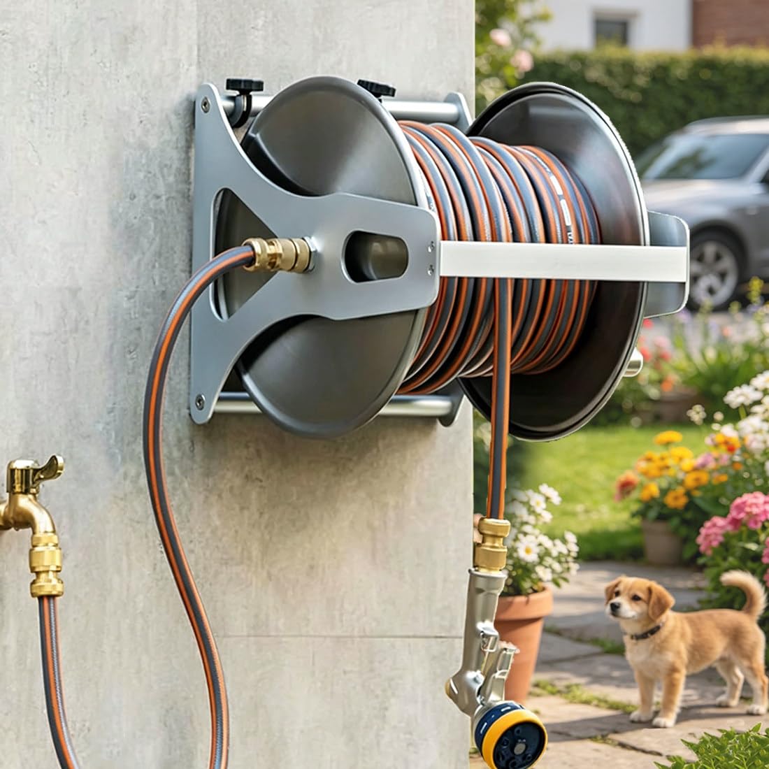 Qiancruxtacy B Stainless Steel Garden Hose Reel, Includes 4-Layer Anti-Urst Hose, Rass Fittings, Multi-Pattern Metal Spray Gun, For Watering Lawn, Car Washing, Pet Athing & Patio Cleaning -15M