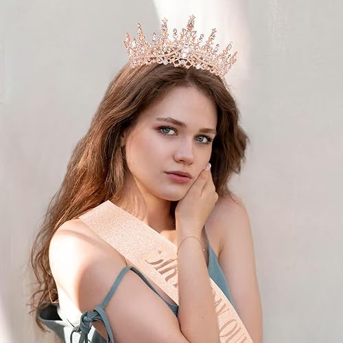 Miniatura 2 de Corona de cumpleaños de cristal de oro rosa para mujer, tiara de reina de cumpleaños con peines con purpurina, banda de cumpleaños, decoración de