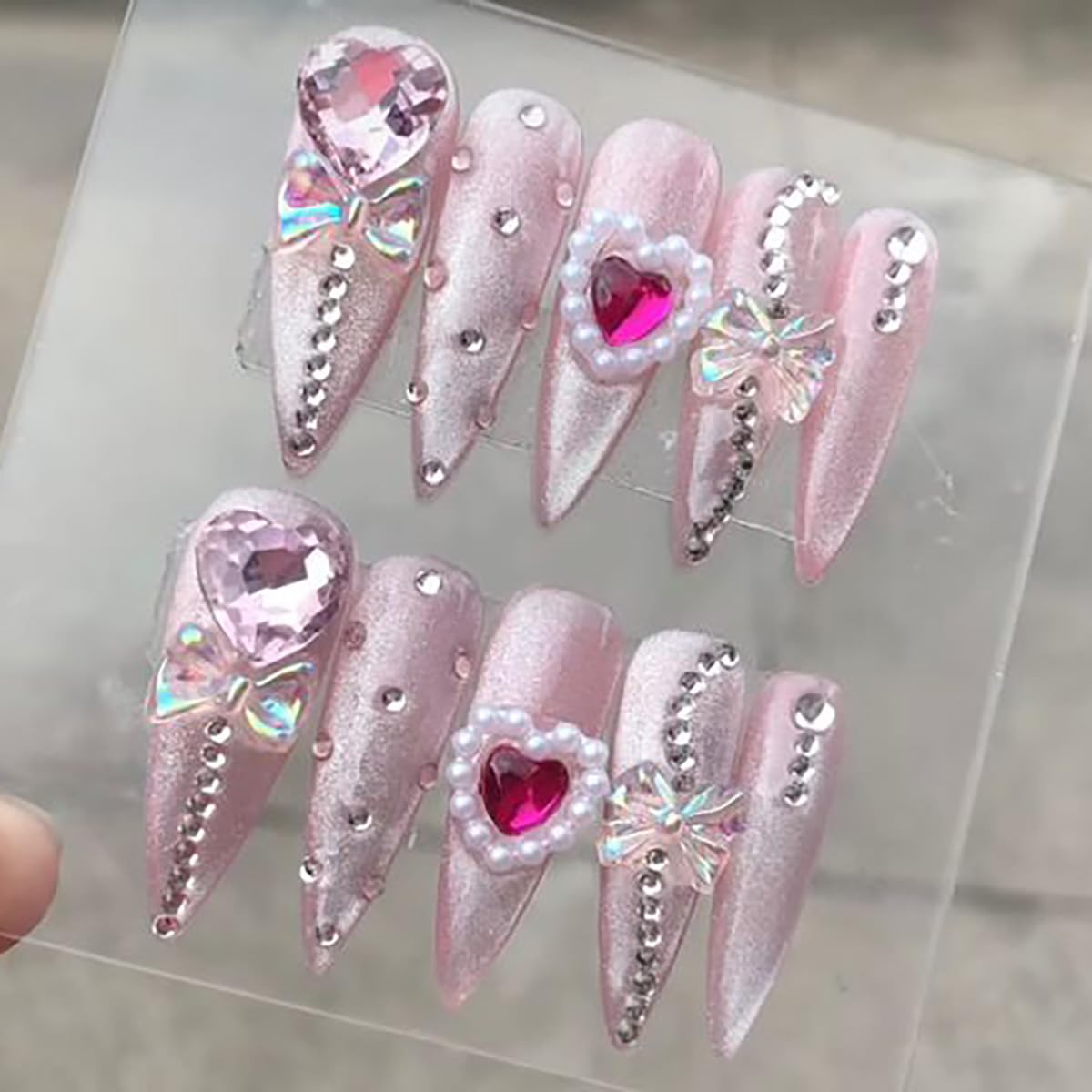 VIVABOMS Cat Eye Press On Nails with Diamonds & Hearts, Natural Elegant Removable Nails False Nail Tips Artificial Nails for women and girls Daily