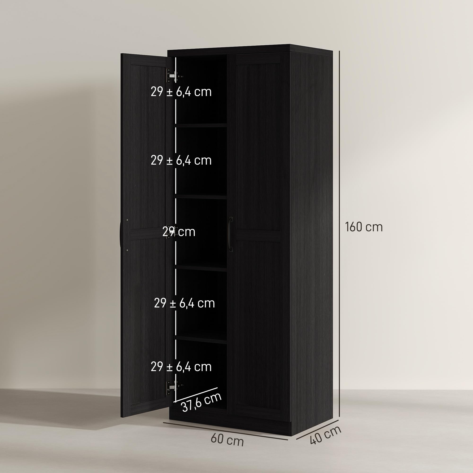 HOMCOM Buffet Cuisine Meuble de Rangement Cuisine 60 x 40 x 160 cm Noir | Vaisselier Moderne, Double Porte, 2 Étagères Réglables, Salle à Manger, Salon
