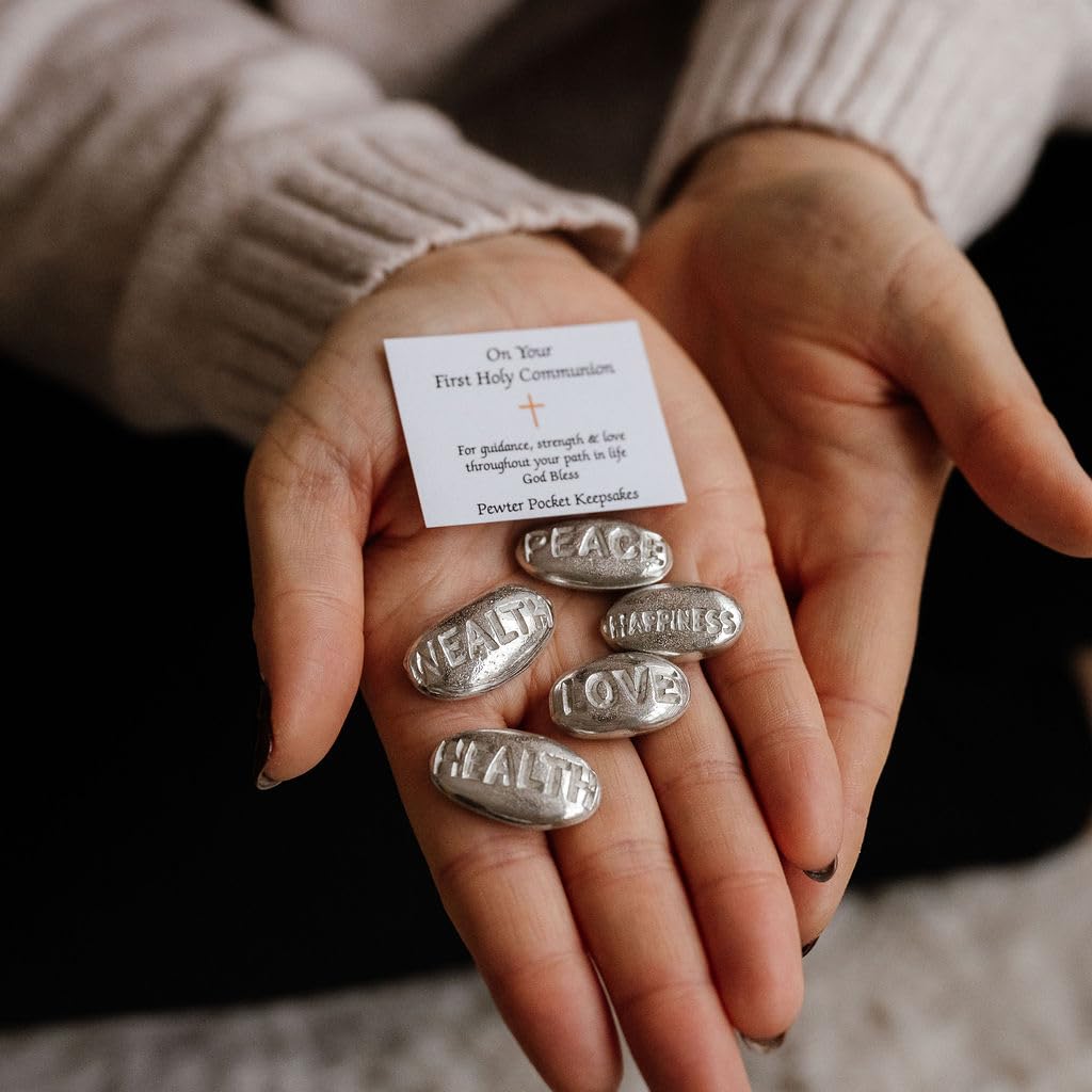 Holy Communion Gift Idea - 5 Pewter Message Pebbles in a Drawstring PINK Organza Pouch. The pewter pebble wordings are: Love, Health, Wealth, Happiness and Peace - Image 4