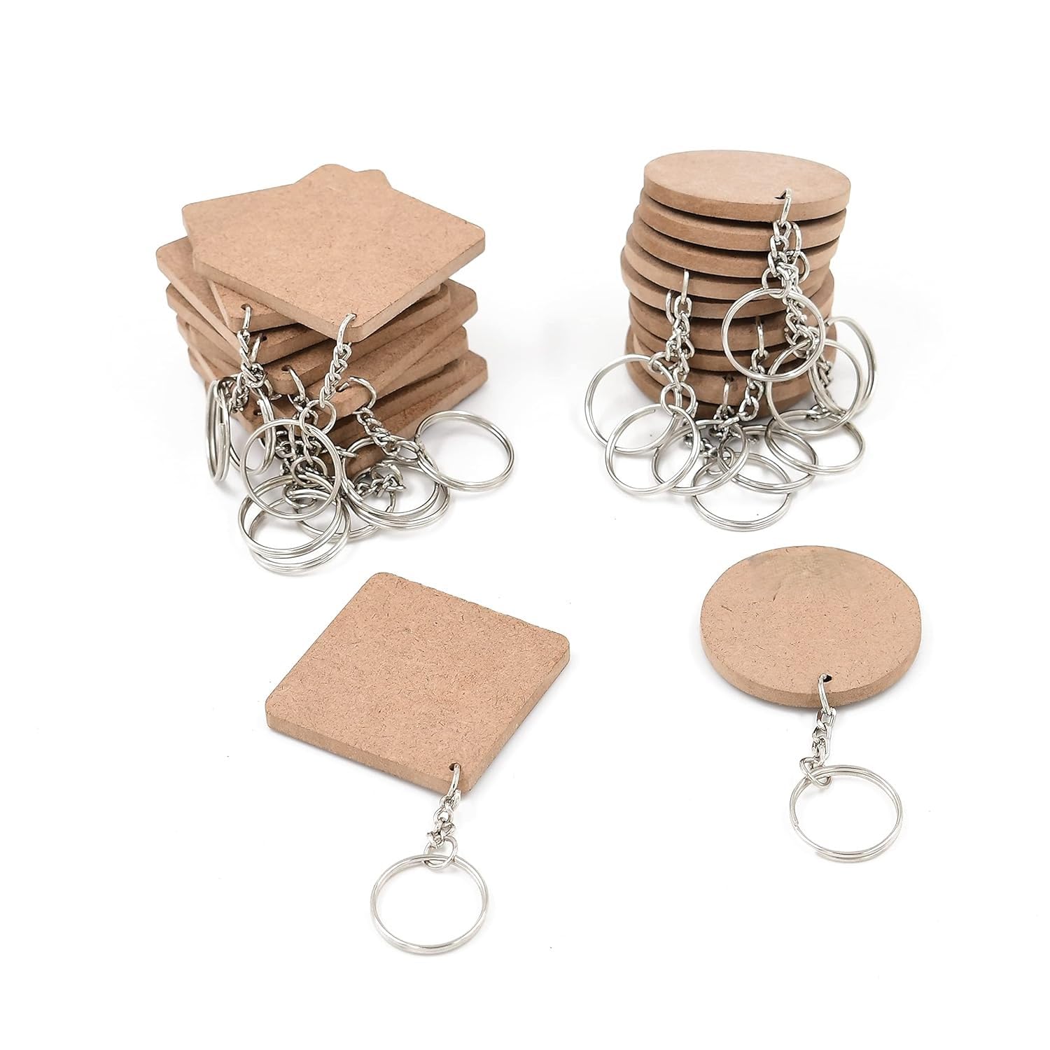 DIY MDF Key Chains - MDF Plain Mixed Key Chains - Set of 20 (Round 10 + Square 10) -2 in X 2 in (Round & Square)-image-30