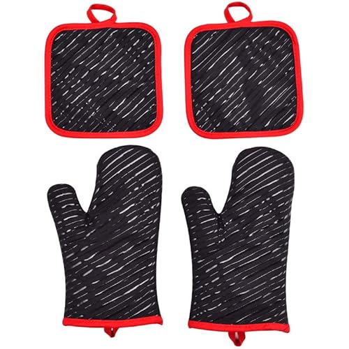 Ofenhandschuhe & 2pcs Topflappen, Anti-Rutsch Hitzebeständige Baumwolle und Silikon, Topfhandschuhe Hitzebeständig bis zu 300 °C, für Kochen, Backen, Grillen, Schwarz Cover
