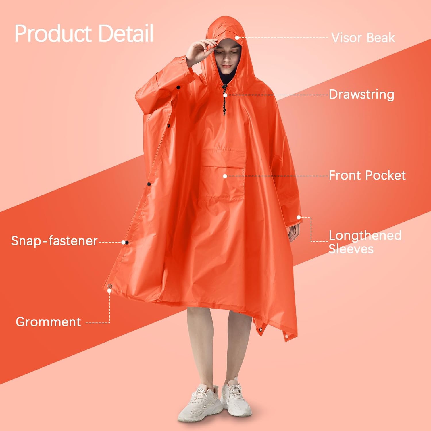 NUUR Rain Poncho for Women Adults Unisex Hooded Zipper Raincoat Waterproof Reusable Hiking Rain Coat with Pockets image 3