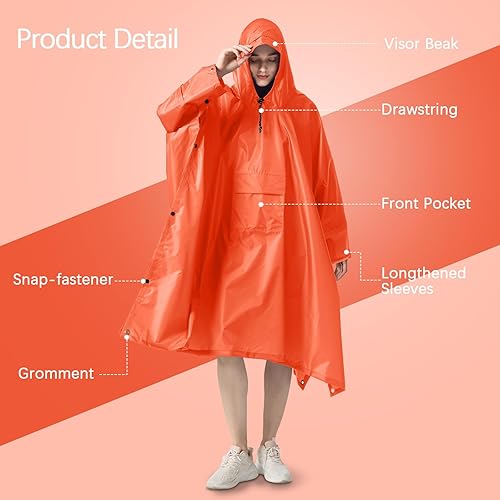 Miniatura 3 de NUUR Poncho de lluvia para mujeres y adultos, unisex, con capucha, con cremallera, impermeable, reutilizable, para senderismo, con bolsillos