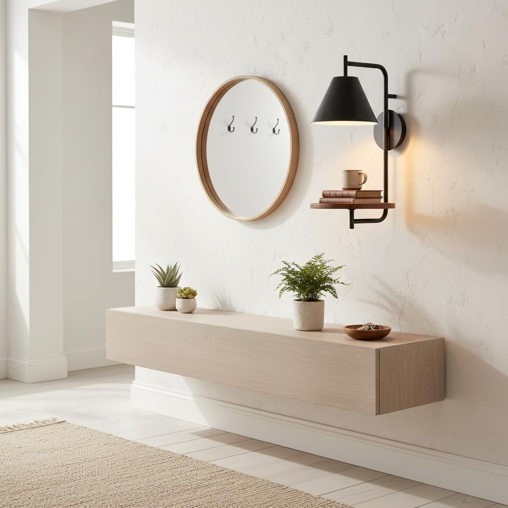 BARCELONA LED Bilon Innen-Wandleuchte E27 mit integriertem Holzregal, moderne Wandlampe in Schwarz Matt für Schlafzimmer, Bettkopfteil, Wohnzimmer und Hotel, Leuchtmittel nicht enthalten