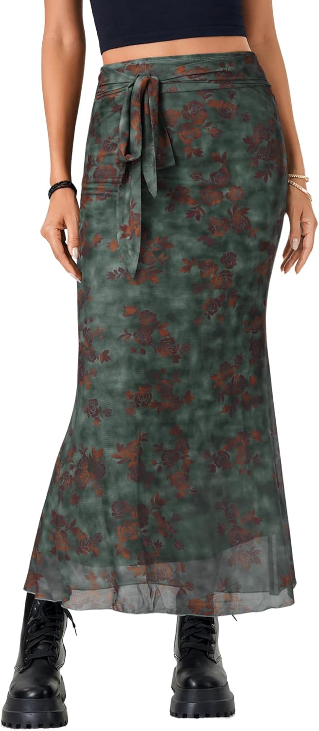 Rooscier Women's Floral Print Mesh Long Skirt High Waist Tie Fishtail Bodycon Maxi Skirts - Image 2