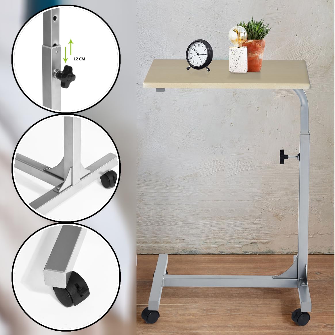 Table de Chevet Médicale à Hauteur Réglable pour les Hôpitaux et les Maisons avec Base Stable et Roulettes Verrouillables pour les Repas et les Médicaments des Patients Personnes Âgées