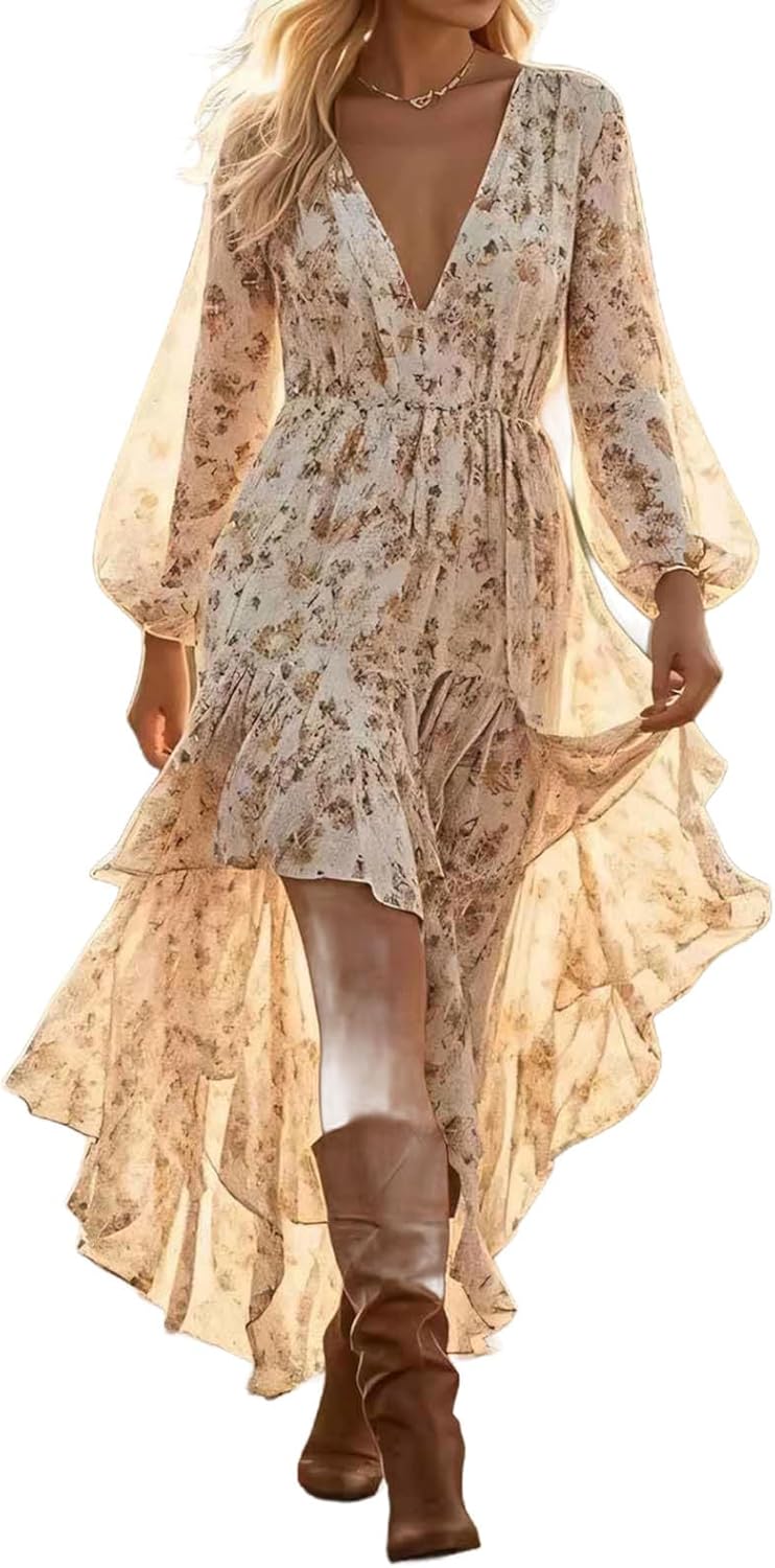 Boho Floral Maxi Dress for Women Long Sleeve V Neck High Low Chiffon Beach Vacation Dress Flowy Summer Ruffle Dress