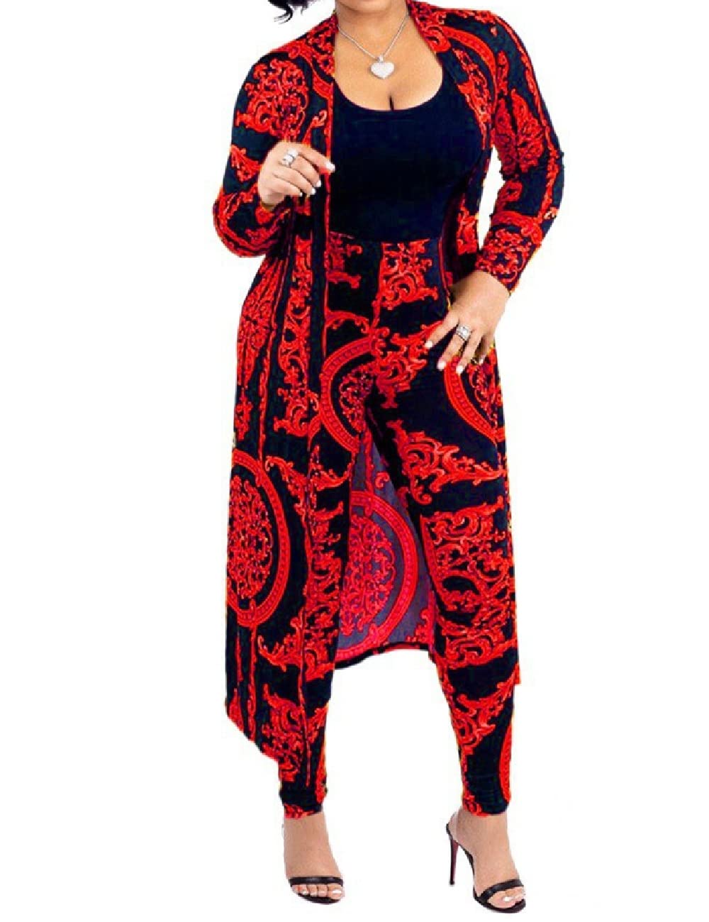 A ADILACA Womens 2 Piece Outfits Floral Print Open Front Cardigan and Pants Set 14 Color S-4XL
