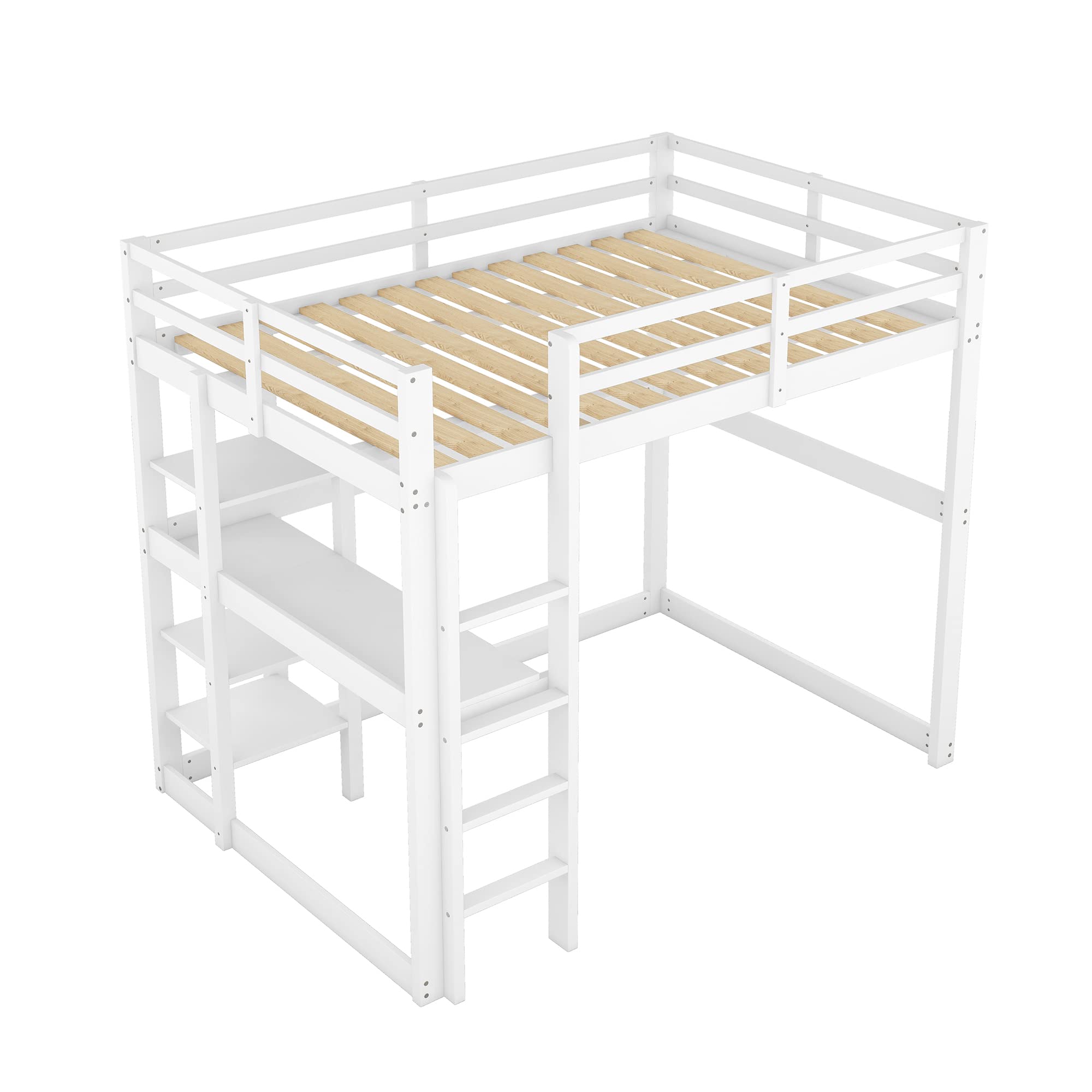 140 x 200 cm, letto a soppalco con vano portaoggetti, completamente in pino, con 4 ripiani e una scrivania (bianco), WX000122