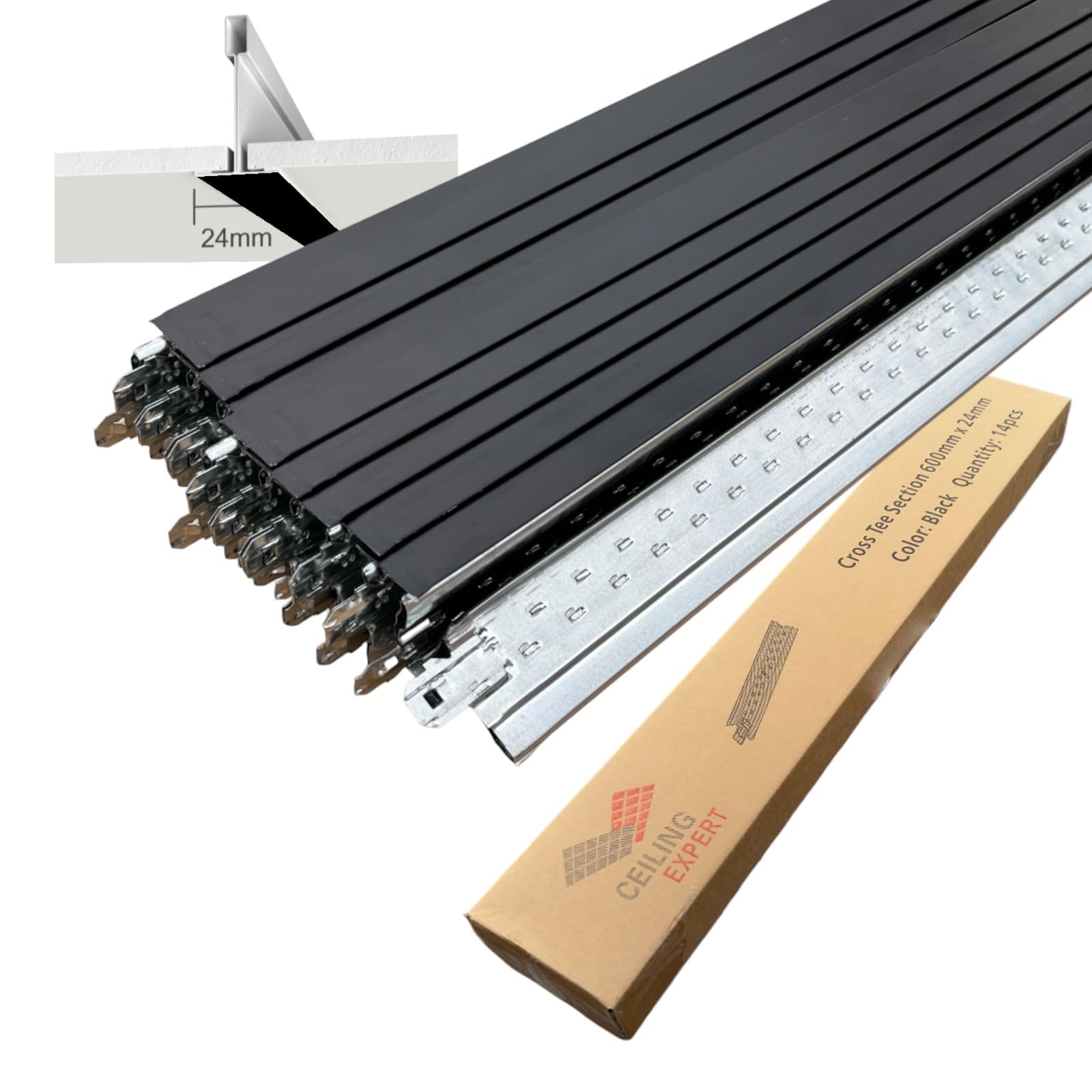 Suspended Ceiling Grid Component, Black Cross Tee Section 600mm x 24mm T24 T600 Pack of 14pcs