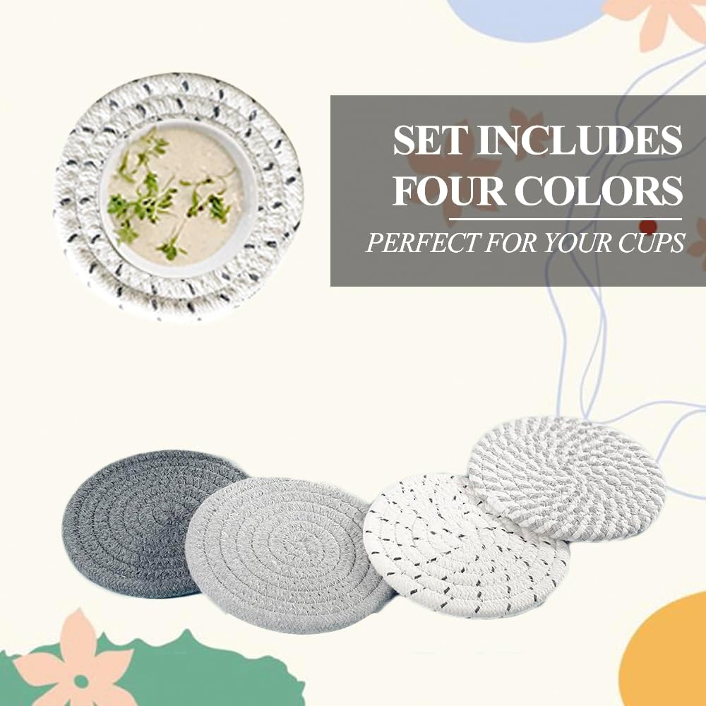 Drink Coasters with Holder, 4 Colors Absorbent Coasters for Drinks, 8 PCS Cup Cotton Woven Set for Coffee Table Home Decor Tabletop Protection thumbnail