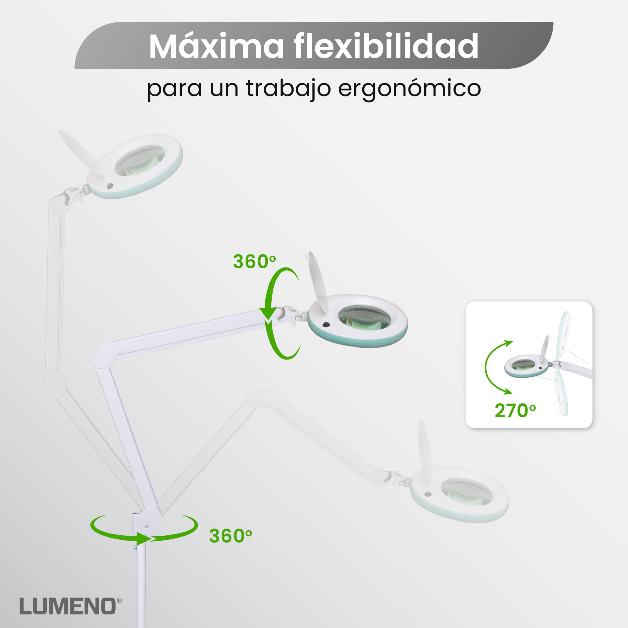 Lumeno Lámpara de aumento LED 7213GN, lente de cristal de 127 mm, lámpara trabajo, lámpara cosmética, adecuada para cosméticos, aficionados, ayuda a la lectura, 3 dioptrías verde con trípode rodante