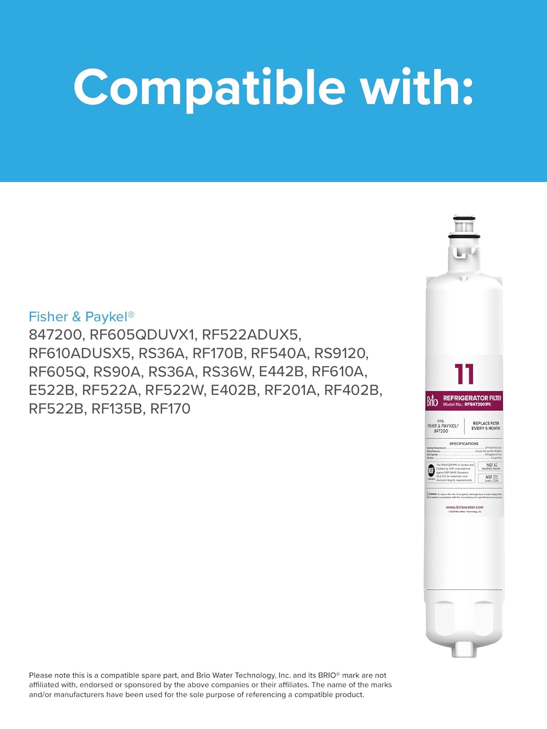 Brio Replacement Refrigerator Filter for Fisher & Paykel 847200 | Significantly reduces unpleasant Tastes, Odors, Chlorine, and VOCs from Fridge Water & Ice | NSF Certified