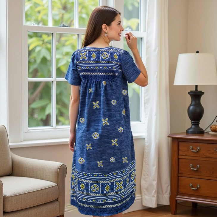 Loungees Border Print Cotton Lounge DressHouse DressCaftan | 3 Button Bib Yoke Short Sleeve product thumbnail 5