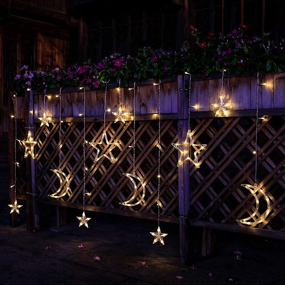 Stringa di luci solari per esterni, a forma di stella e luna, 8 modalità, 138 LED, con telecomando, impermeabile, decorazione per Natale, matrimoni, feste, casa, patio (acqua)