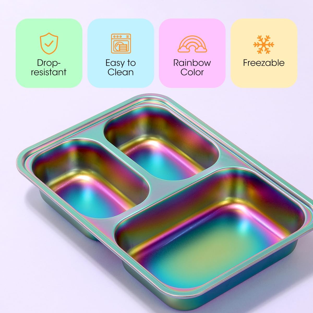 AIEVE Stainless Steel Kids Plates, 4 Pack Stainless Steel Portion Control Plate with Lids for Toddler 3 Compartment Non-Toxic (Rainbow) - Image 2