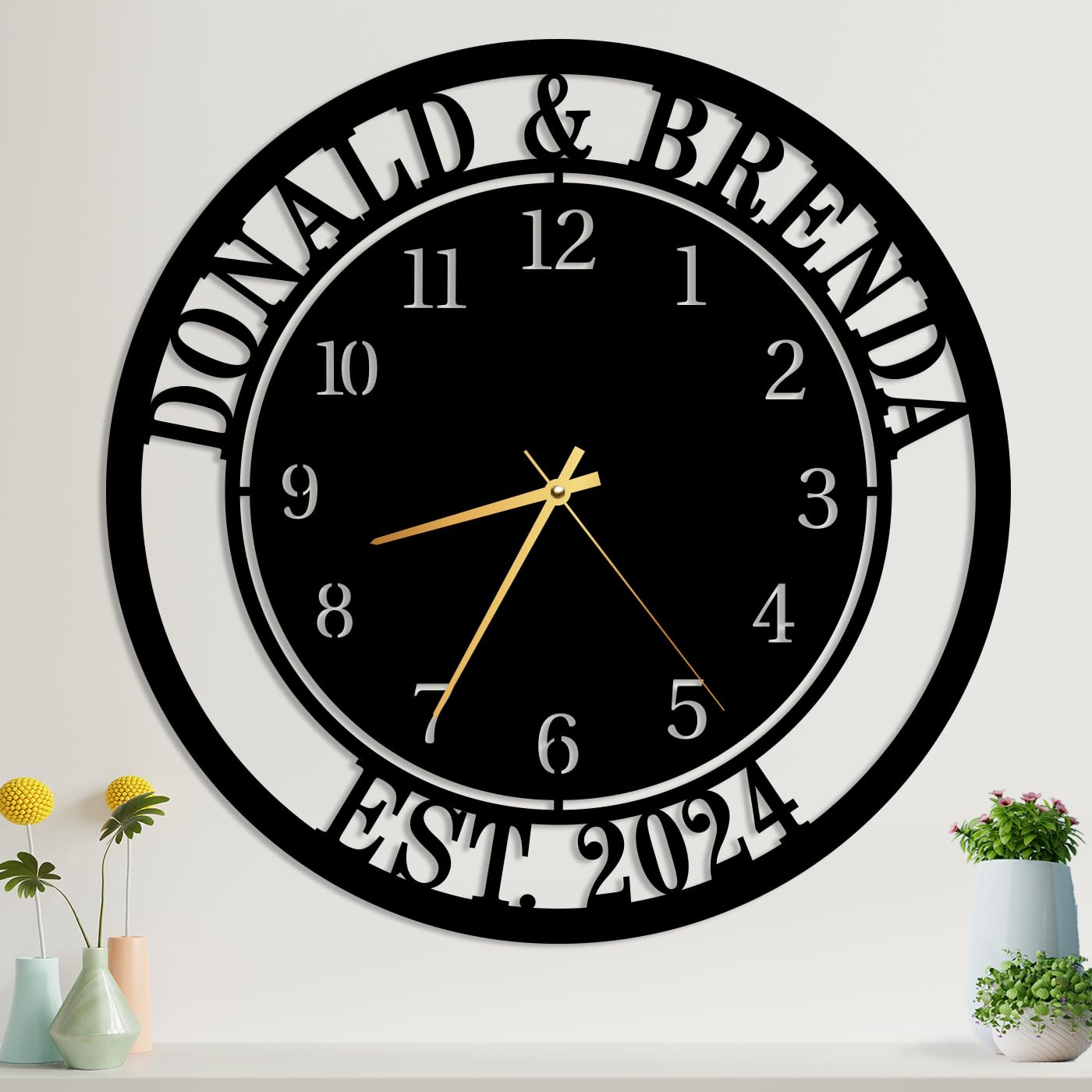 YTDESIGN Large Wall Clock Metal Numeral Clock, Personalized Last Name Large Wall Clock, Personalized Wedding Anniversary Engagement Couple Presents,