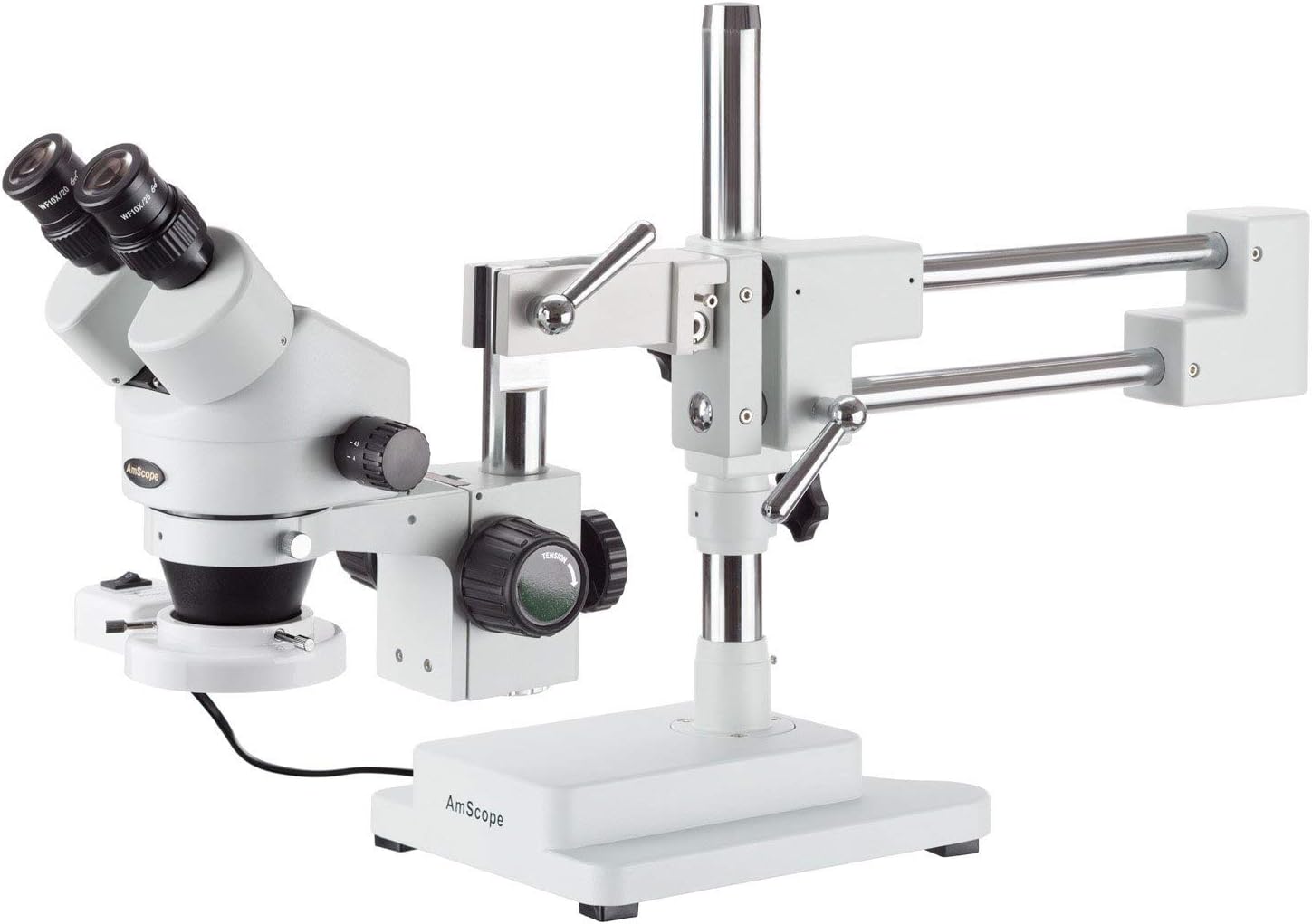 AmScope SM-4BY-FRL Professional Binocular Stereo Zoom Microscope, WH10x Eyepieces, 7X-90X Magnification, 0.7X-4.5X Zoom Objective, 8W Fluorescent Ring Light, Double-Arm Boom Stand, 110V-120V, Includes 2.0x Barlow Lens