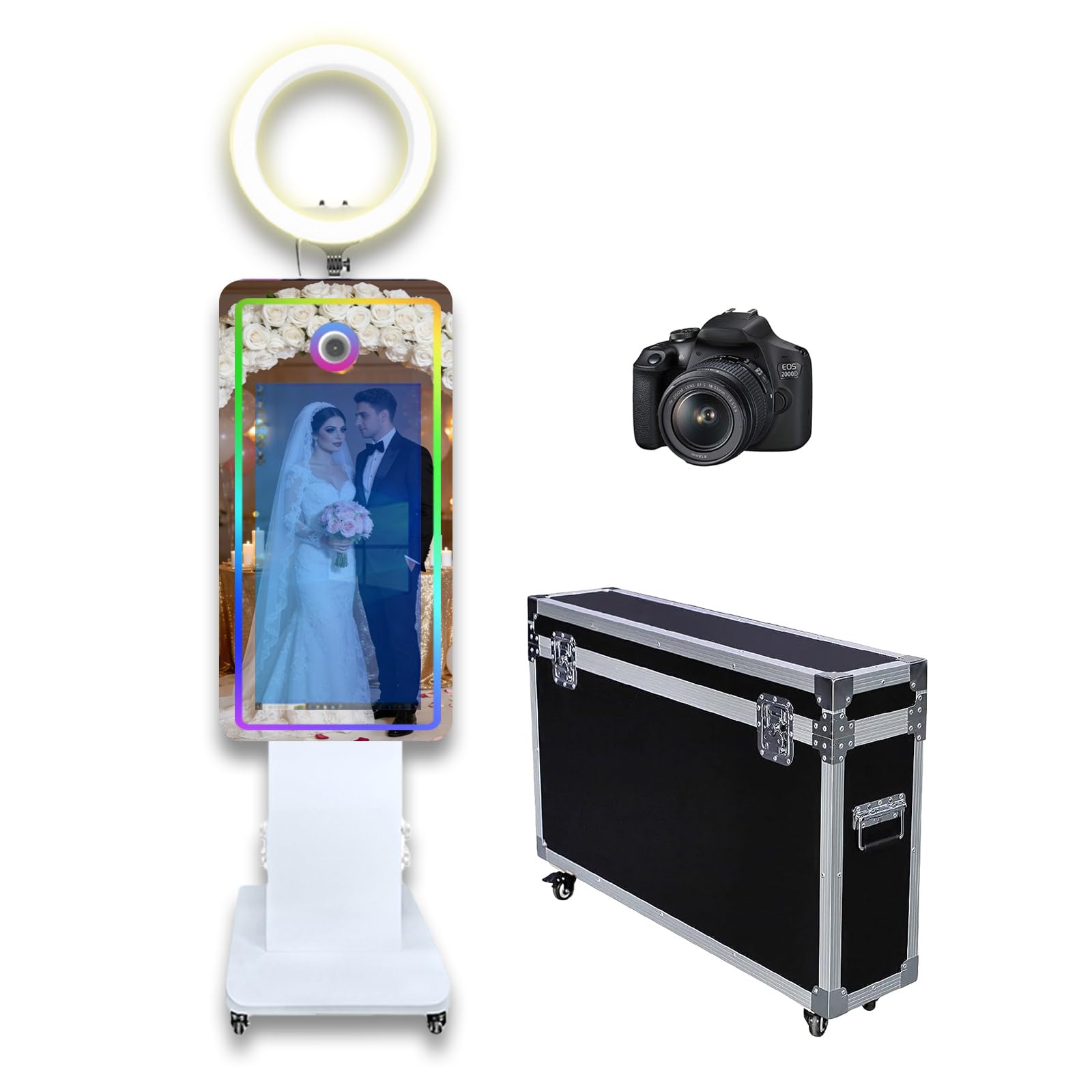 Magic Mirror Photo Booth z ekranem dotykowym 81.3 cm, fotobudka do selfie z futerałem lotniczym, fotobudka RGB na imprezę, wydarzenie, wynajem weselny (biała, maszyna + aparat)