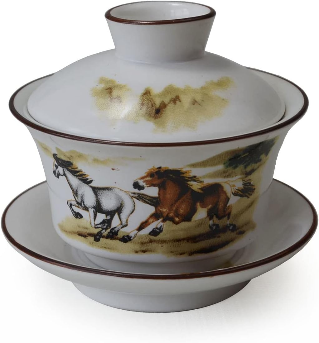GDLK Gaiwan Teacups Chinese Tea Cup Tureen Success Sancai Cover Bowl Gongfu Tea Set (Horse)