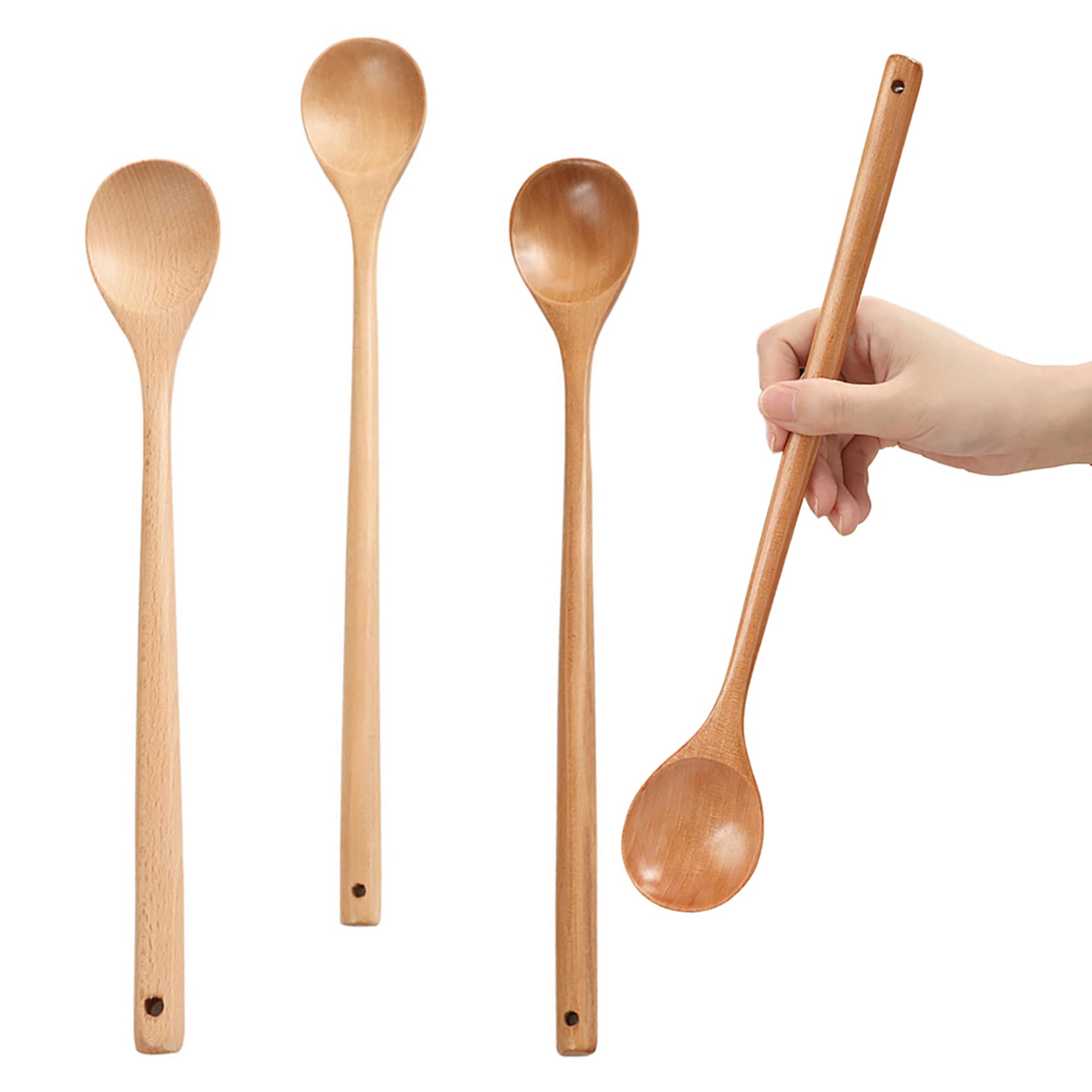 UPTALY 13 inch Extra Long Wood Mixing Spoons (2 Beech Wood, 2 Hemu Wood), Natural Wooden Spoon with Long Handle, Tasting Spoons, Slim Cooking Spoon Set, for Kitchen Stirring and Cooking