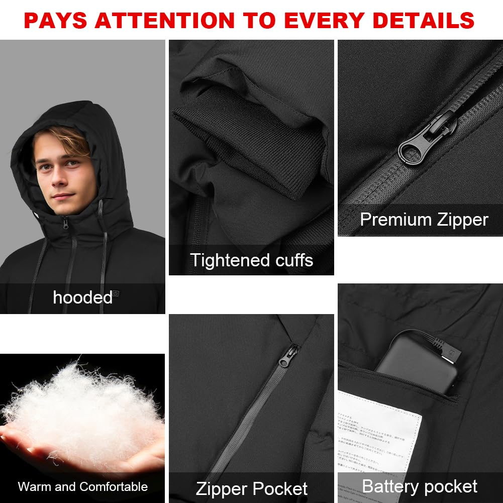 Chaqueta Calefactable con Batería 10000mAh y Capucha para Hombre Mujer, Chaqueta Calefactable de 3 Niveles de Calefacción, Chaqueta Termica para Al aire libre Esquí Trabajo
