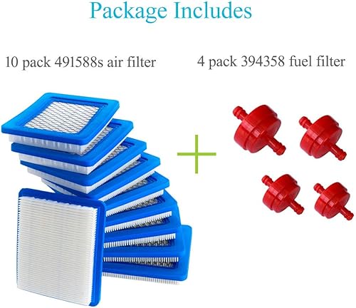 Miniatura 7 de Paquete de 10 filtros de aire 491588S + filtro de combustible 394358 compatible con Briggs and Stratton 491588 4915885, Toro 20332, Craftsman 33644,