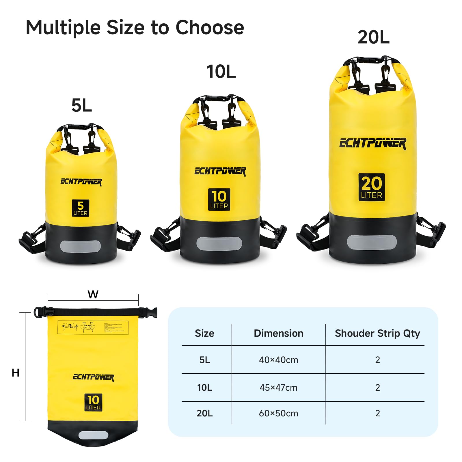 ECHTPower Borsa Impermeabile 5L/10L/20L, Dry Bag Sacco Impermeabile con Tracolla Regolabile, con Custodia Impermeabile, Marsupio 100% impermeabile per Mare,Barca,kayak,Rafting,Pesca,Campeggi