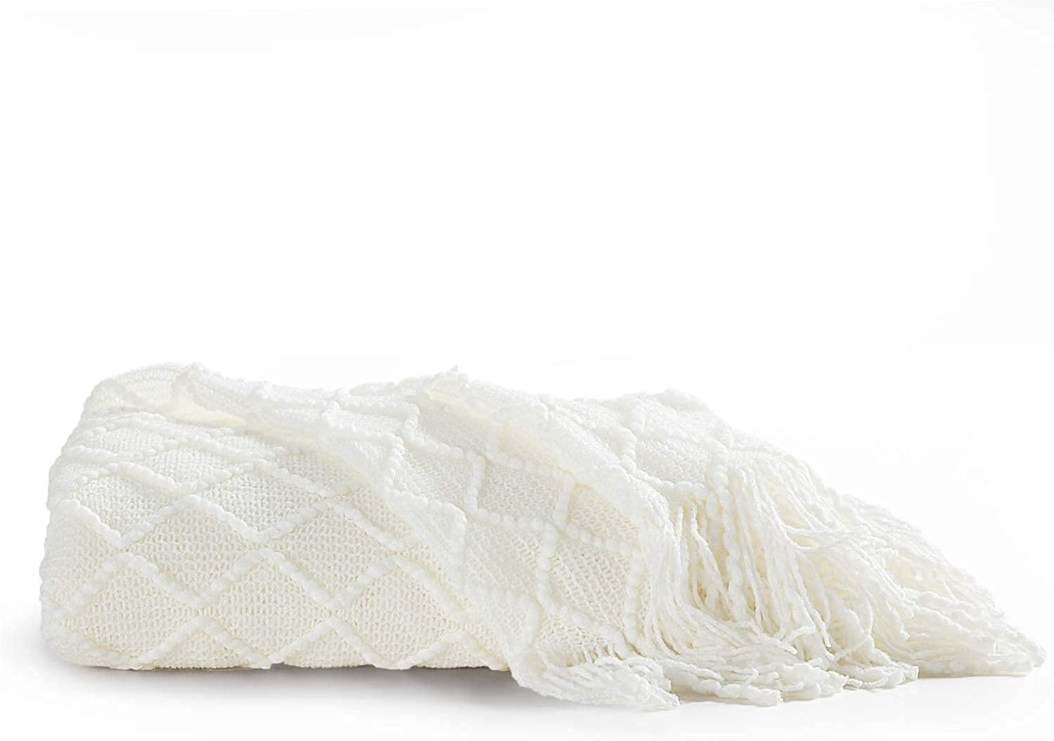 Bedsure Twin Blanket White Throw Blankets for Couch - Large Soft Cozy Lightweight Decorative Summer Blanket with Tassels for Living Room, Bed, Sofa, Travel, 60 x 80 inches(White)
