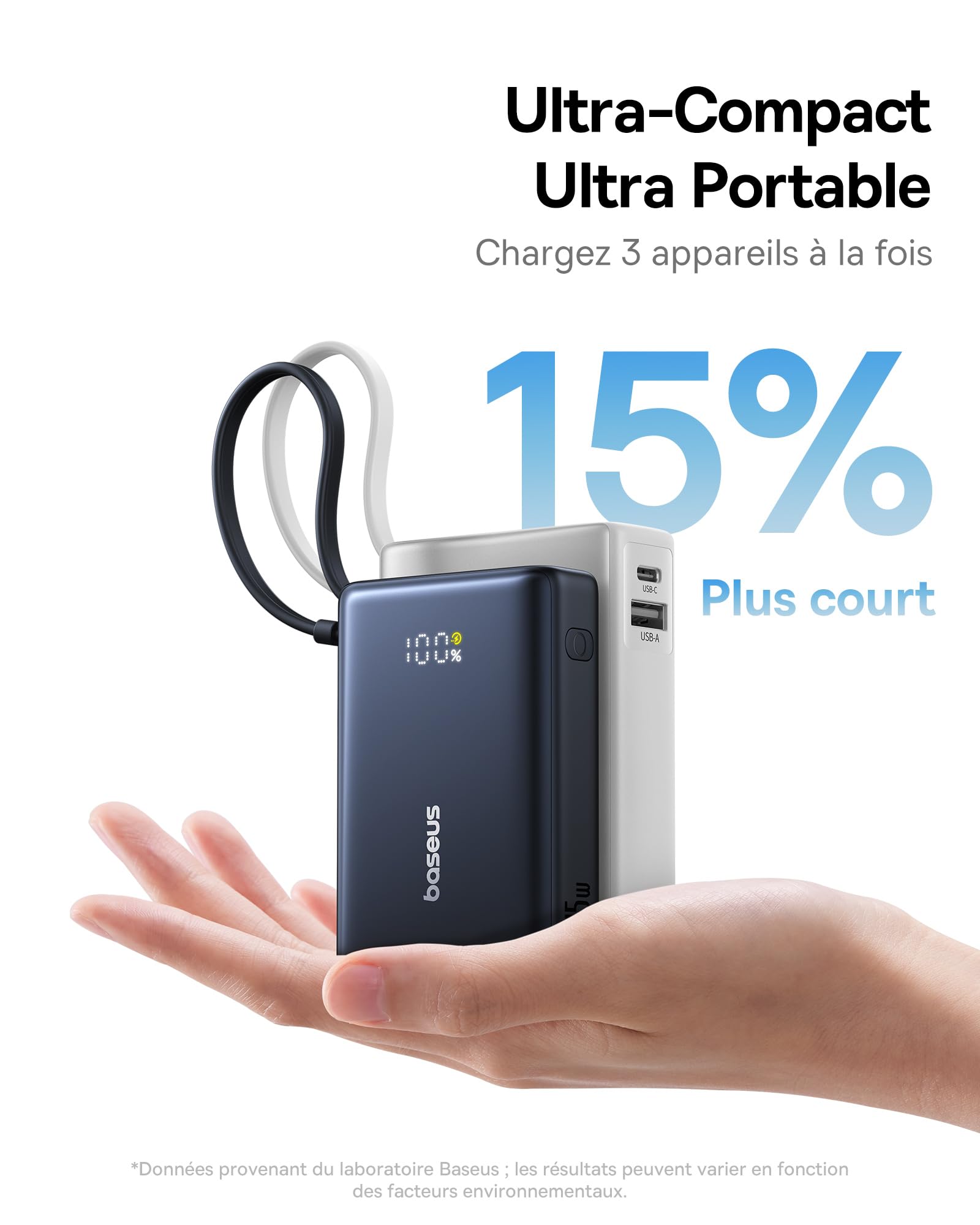 Baseus Picogo Power Bank 10000mAh 45W con Cavo USB-C Integrato, PD 3.0 QC 4+ Batterie Esterne 45 W, 2 USB-C e 1 USB-A, per iPhone 16 15 14 pro max plus, MacBook, ipad, Galaxy S24 Ultra, airpods pro