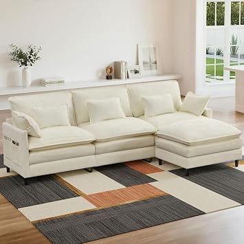 110" Modular Sectional Sofa, Comfy Cloud Couch Sectional Sofa with Ottoman, Corduroy Sofa Sleeper Deep Seat Sofa with Throw Pillows for Living RoomChenille White