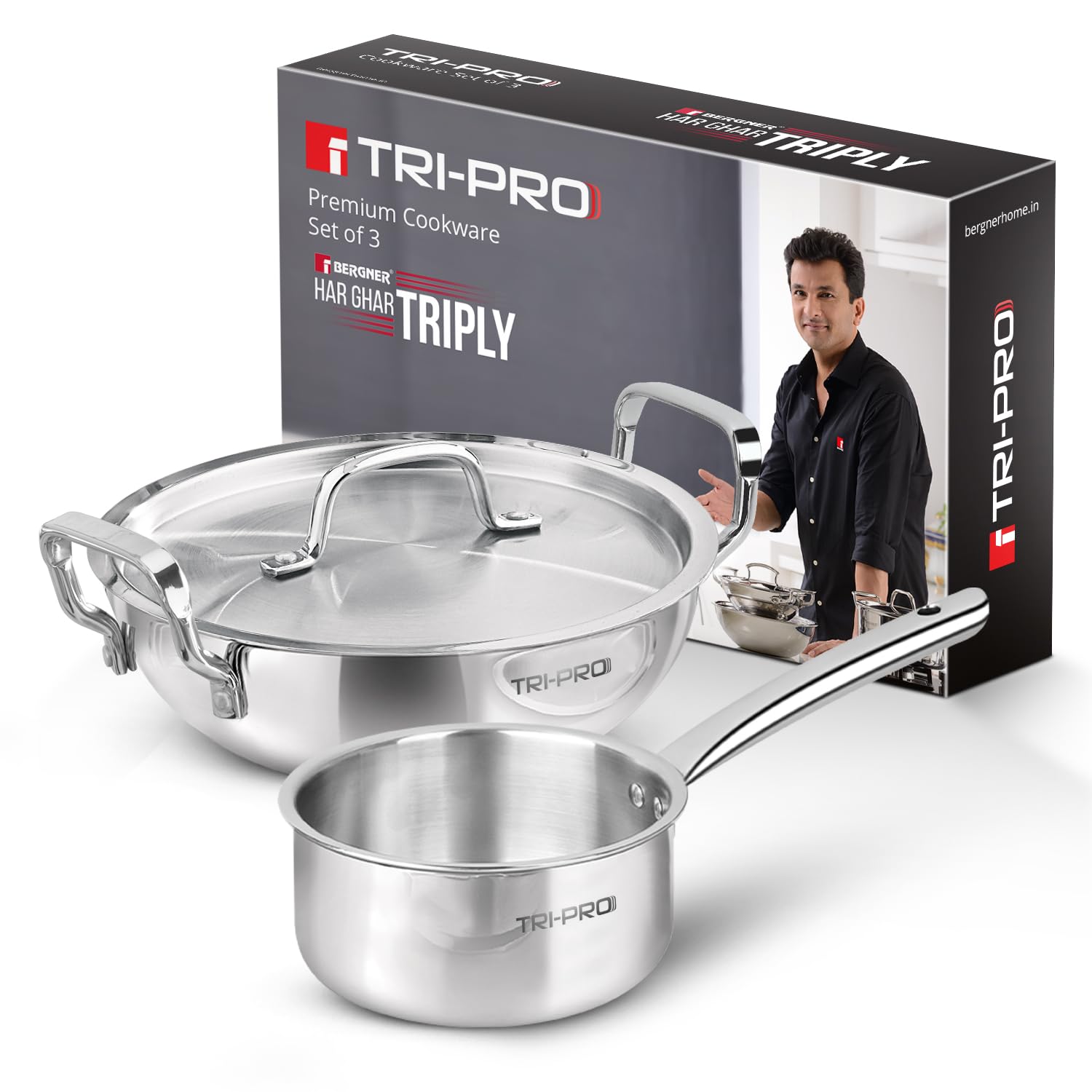 Bergner Tripro TriPly Edelstahl-Kochgeschirr-Set, 3-teilig, 24 cm (3 l), indischer Wok/Kadai mit Deckel, 16 cm (1,7 l), Teekanne, Induktionsboden und Gasherd bereit