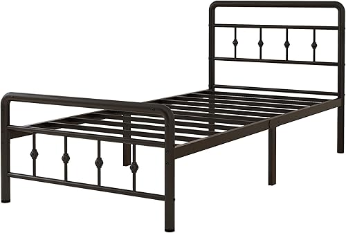 Miniatura 9 de Base de cama individual de 14 pulgadas con cabecero y estribo, marco de cama de metal resistente, estilo victoriano, no necesita somier, fácil