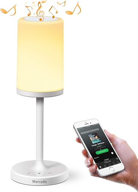 Marrado Table Lamp, Touch Sensor Bedside Lamp + Bluetooth Speaker for Bedroom Living Room Garden Reading, Portable Rechargeable Night Light, Dimmable Warm White & Color Changing