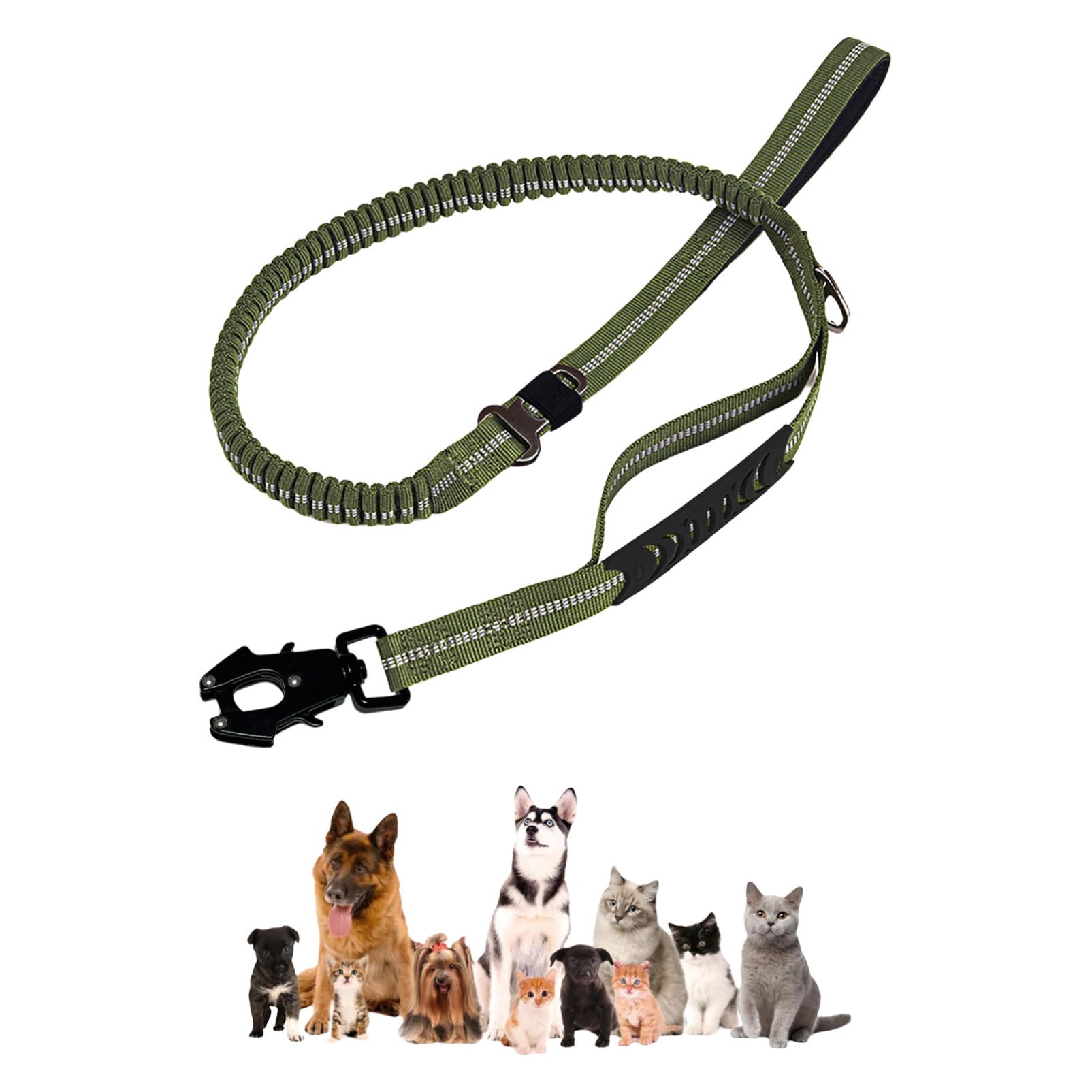 Alvivi Outdoor Adventure Dog Leash Bungee Shock Absorber for Hiking Running Heavy Duty No Pull with Handles and Quick Release Clip Army Green S