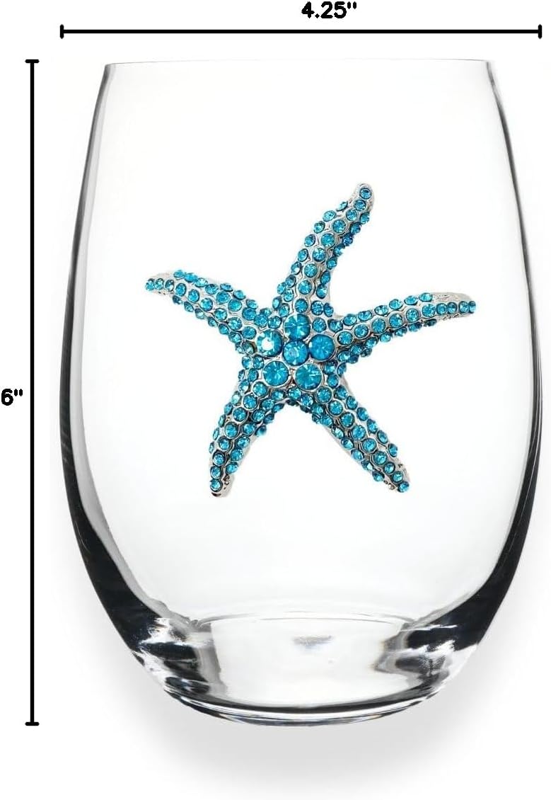 THE QUEENS' JEWELS Blue Starfish Jeweled Stemless Wine Glass, 21 oz. - Unique Gift for Women, Birthday, Cute, Fun, Not Painted, Decorated, Bling, Bedazzled, Rhinestone