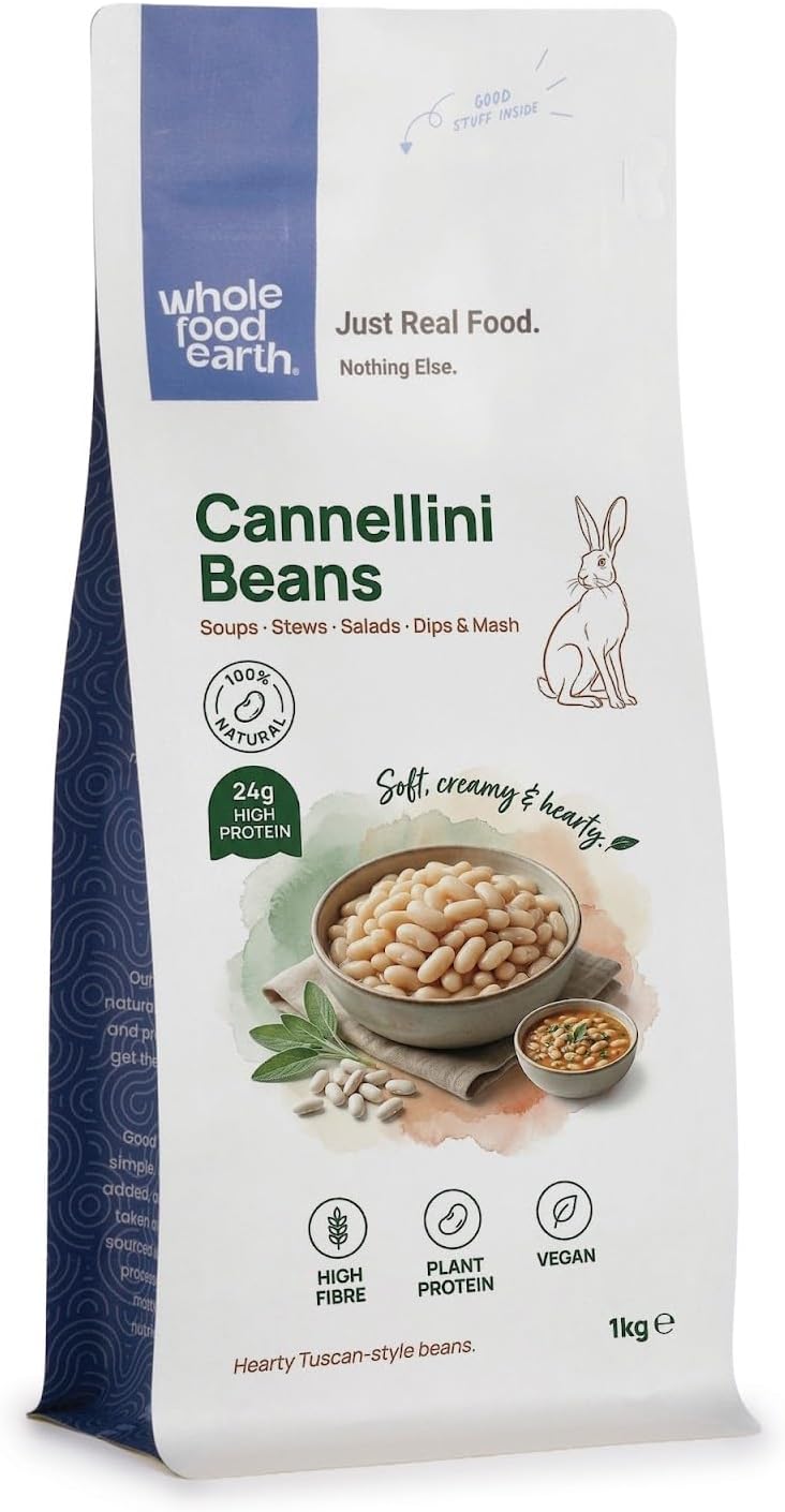 Wholefood Earth Cannellini Beans 1kg | Dried White Beans | High Protein & High in Fibre | Vegan & GMO Free | for Soups, Stews & Salads